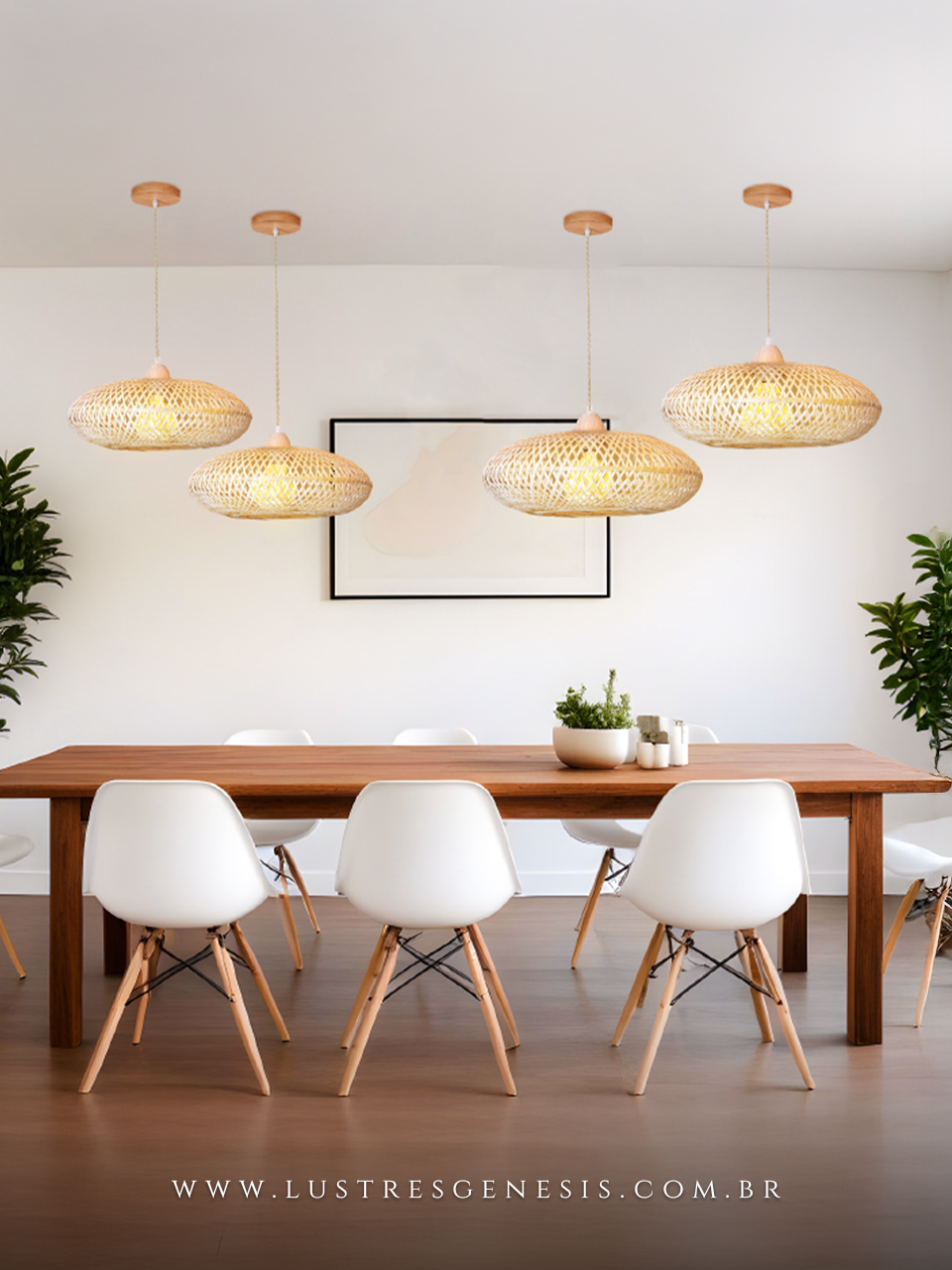 Luminária pendente de fibra de bambu Ø60cm estilo artesanal, ideal para mesas, balcão de cozinha, área gourmet e sítios.